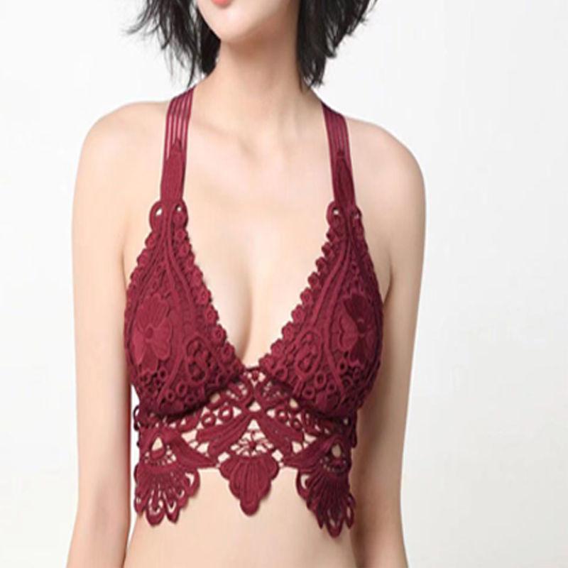 

Summer Hollow Out Lace Beautiful Back Deep V Outer Wear Camisole Versatile Sexy Bandeau Breathable Bra one size бордовий