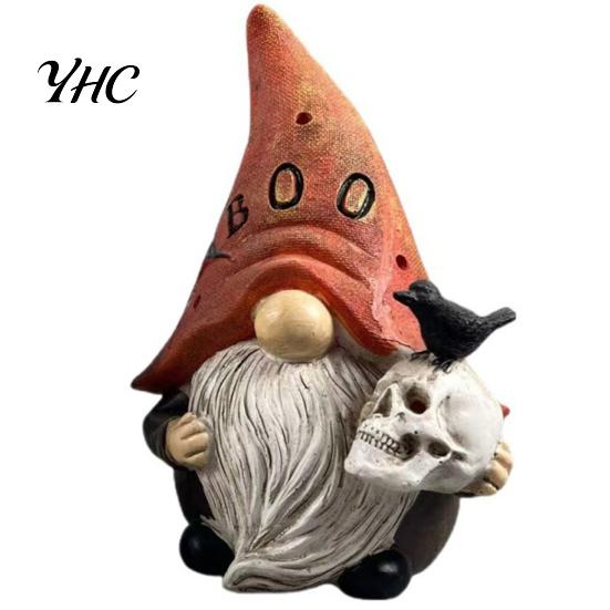 Skeleton Crow Figurine Set Halloween Gnome Statue, EEK BOO Resin Elf Dwarf with Pumpkin Cute Desk Accessories Skull, Spooky Tabletop Ornament