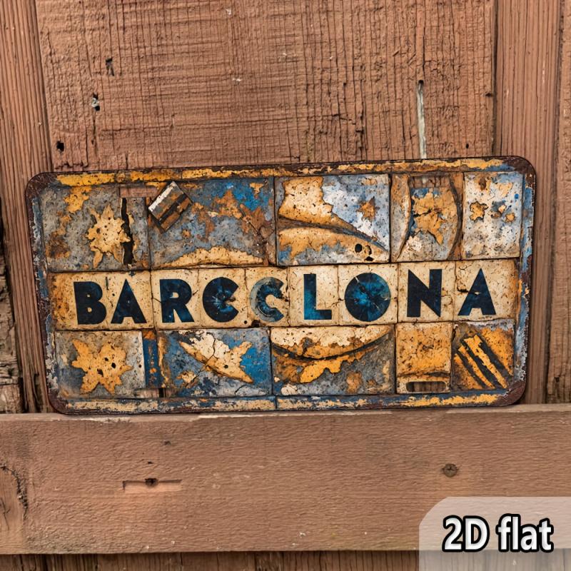 2D Piatto - Segno Artistico da Parete in Metallo Vintage Barcellona - Decorazione in Alluminio Rustico da 6x12 Pollici con Finitura Usurata per Casa, Bar, Ufficio