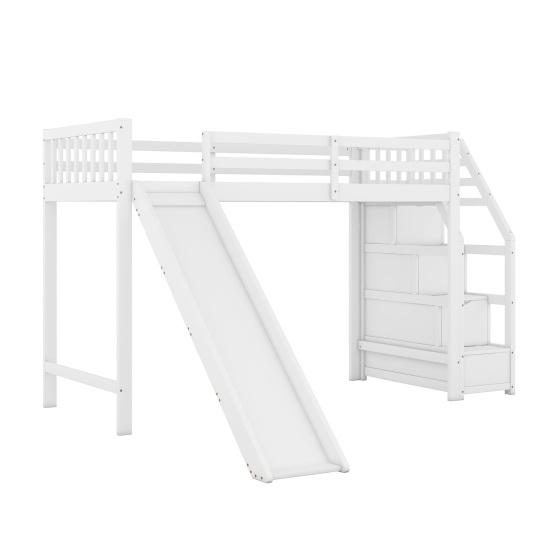 Loft Bed 90x200cm Bunk Bed Stable Base with Slide Storage Ladder Fence No Burrs Anti-scratch Kids Tree House Bedroom Furniture
