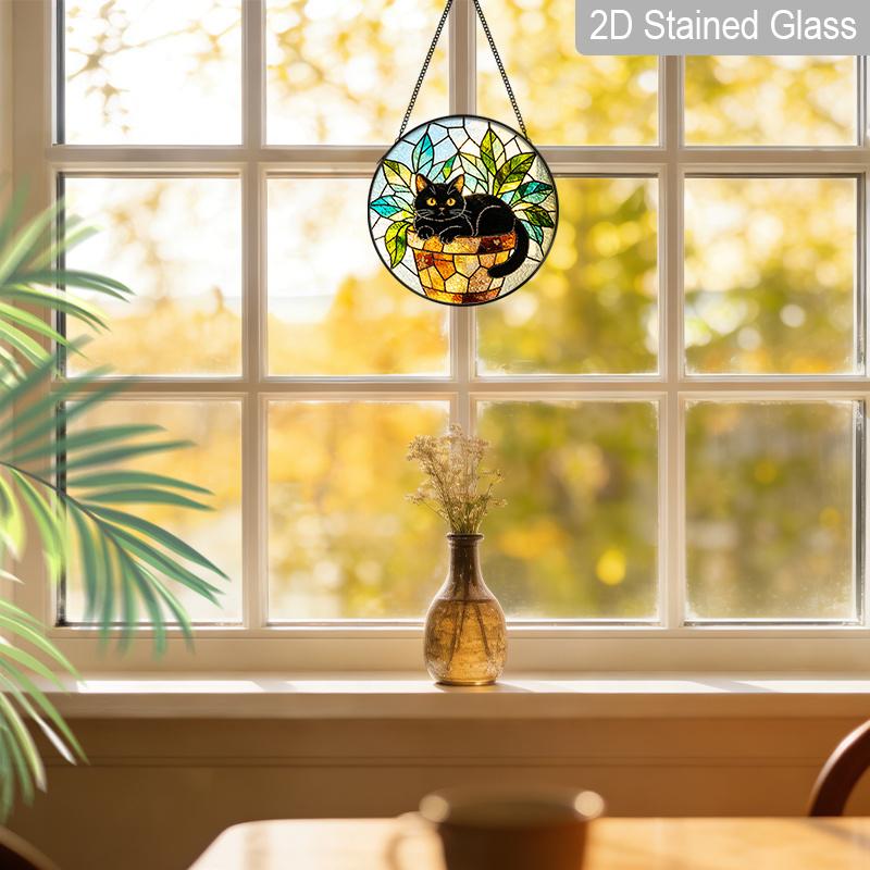 2D Flat Stained Glass Cute Black Cat Window Decoration, 7.87inches Colored Glass Plate with Chain, Hanging Sun Catcher Home Decor, Unique Holiday