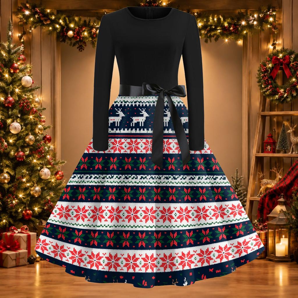 Women's Casual Fashion Christmas Print Round Neck Vintage Dress for Holiday Parties