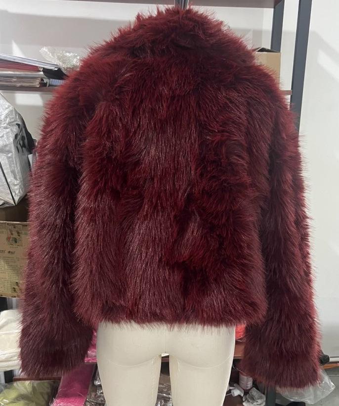 Burgundy Short Plush Fur Coat with Lapel - 2024 Autumn/Winter Collection