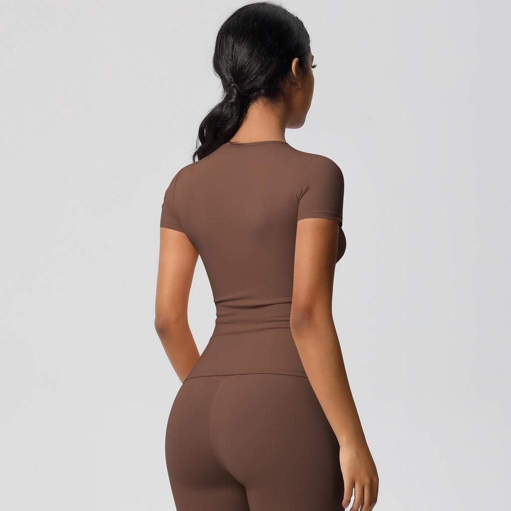 Gebürstetes Nude Slim-Fit Rundhals Yoga-Top - Kurzärmlig, Atmungsaktiv, Vielseitige Sportbekleidung