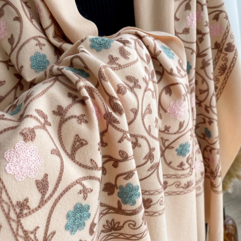 Pattern embroidery flower imitation cashmere scarf shawl ethnic style travel thickened warm cape cape long towel fringed woman