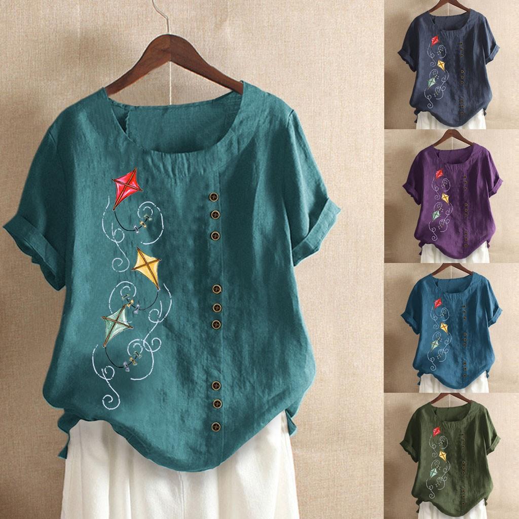 

Женский винтажный топ из хлопка и льна с коротким рукавом и пуговицами с цветочным принтом