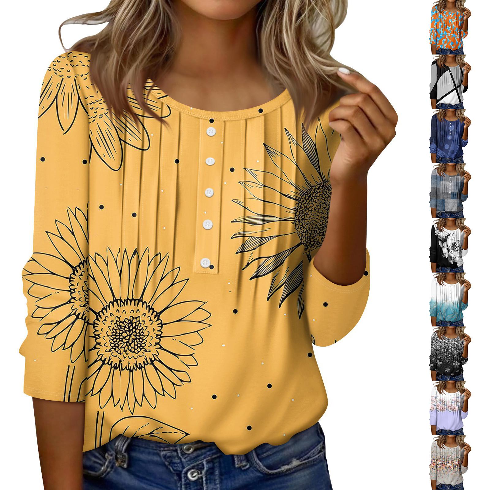 

Women s Round Neck Pull Stripe Decorative Button Top Casual Solid Color 3/4 Sleeve T Shirt XL чорний