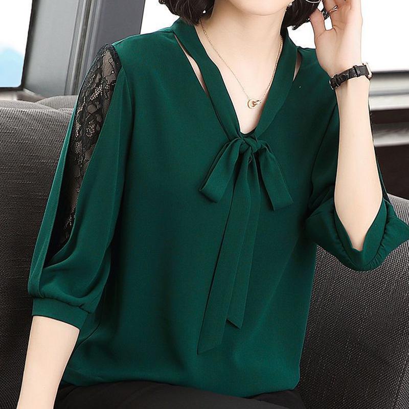 

WTEMPO ажурные лоскутные шифоновые блузки с рукавами три четверти и v-образным вырезом, женские весенне-летние свободные повседневные дышащие топы с бантом 2XL зелёный