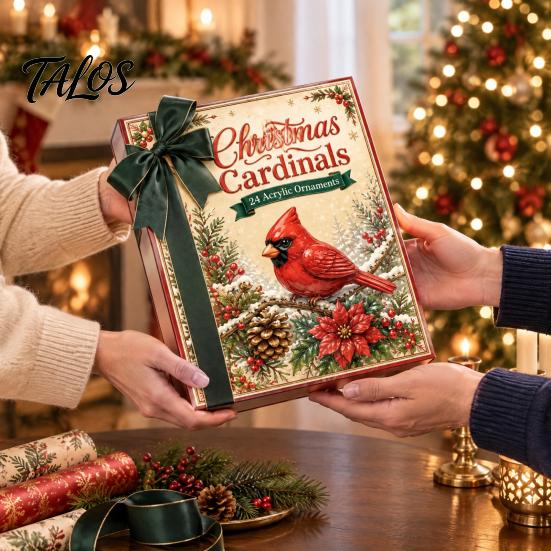 Christmas Tree Holiday Decorations Acrylic Advent Calendar Box with 24 Bird Themed Hanging Ornaments, Countdown Festive Decoration for Home Window And