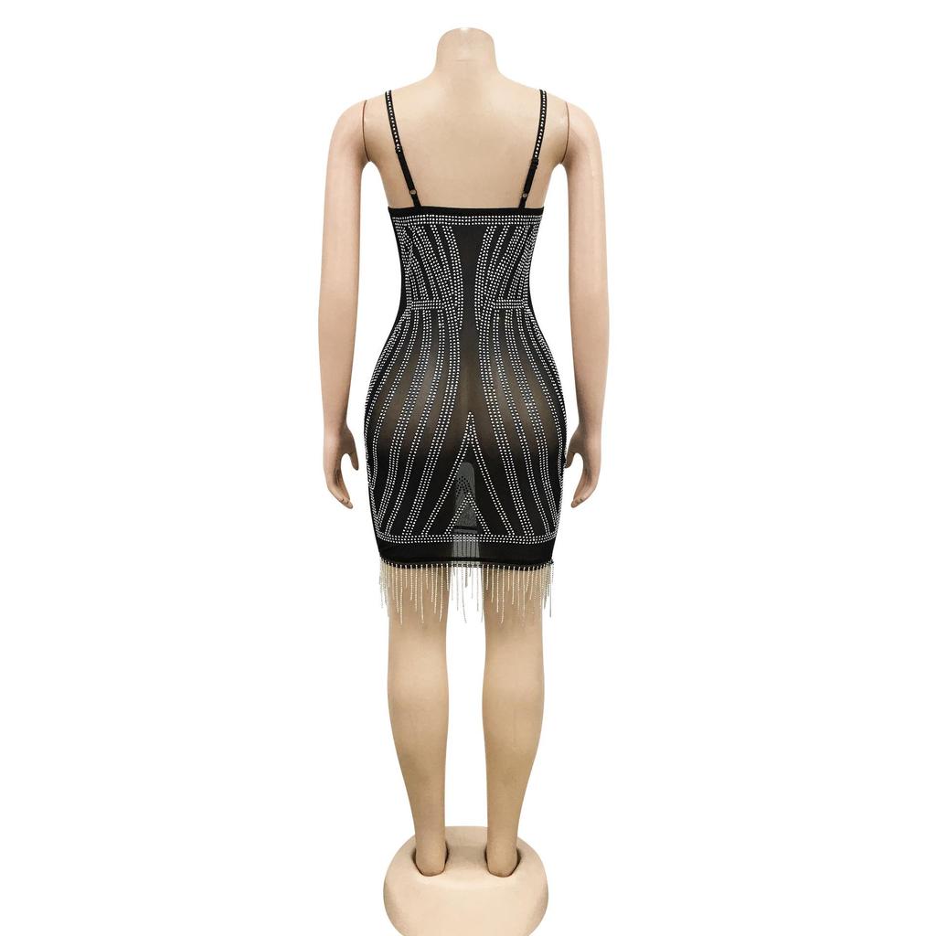 X5633 Strass-Spaghettiträger Fransen Bandagekleid - Sexy Ärmelloses Minikleid