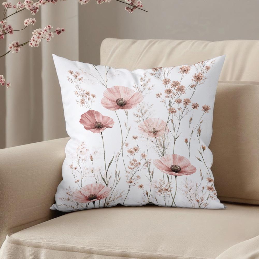 Floral Pillow Cover White Pink Poppy And Wildflower Print For Living Room Bedroom Decor