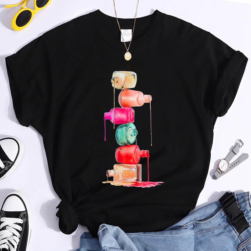 Women's Nail Polish Printed T-shirt, Makeup, Beauty, Aesthetics, Pattern, Women's Clothing, Black, Clothing Summer Streetwear