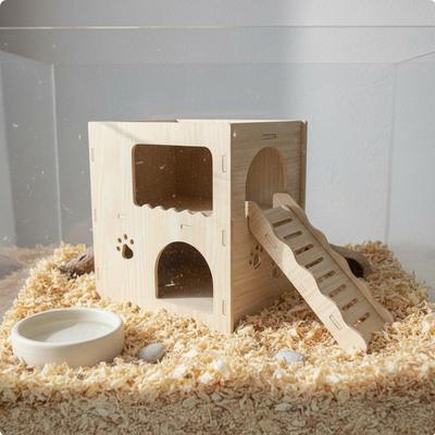 Wooden Hamster House with Ramp MultiLevel Design 2Story Solid Wood for Pet Terrarium