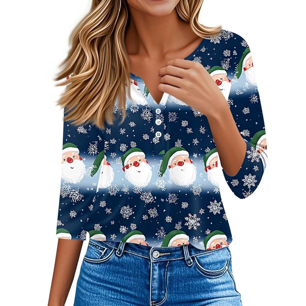 Women's T Shirt Tee Christmas Printed Button 3/4 Sleeve Tunic Daily Weekend Fashion Basic V- Neck Regular Top