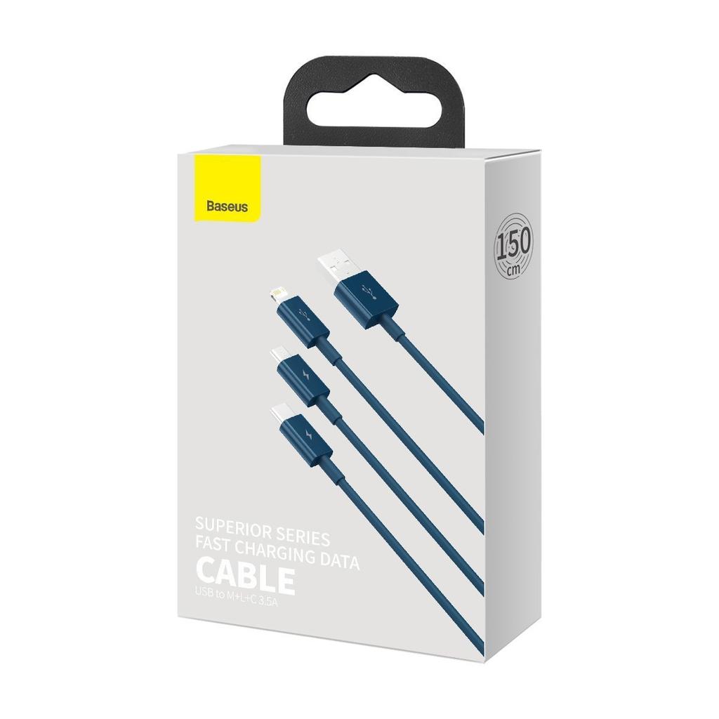 Baseus Superior Series 3-in-1 USB Cable, USB To Micro USB / USB-C / Lightning, 3.5A, 1.5M (Blue)