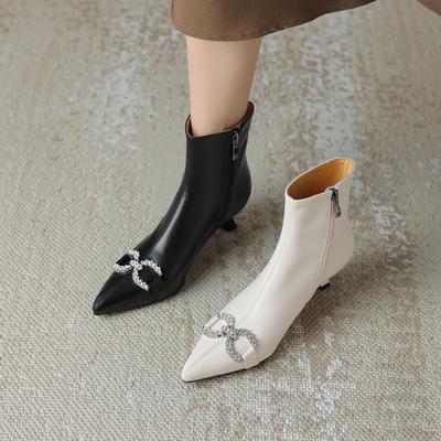 Moda para Mujer nuevo otoño e invierno adornos de diamantes puntiagudos con piel de vaca de cuero genuino tacón medio, botas cortas de caña ancha
