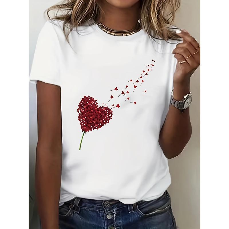 Women's White Heart Balloon Print Tee Oversized Round Neck Short Sleeve Spring Summer Fall Casual Resort Machine Washable Top