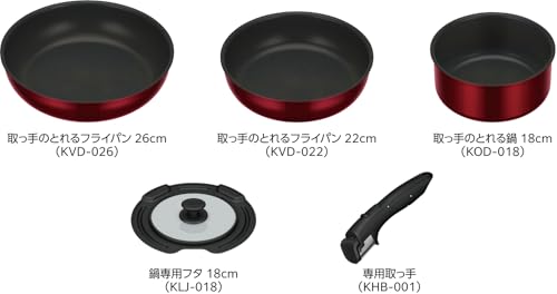 Thermos Durable Series 5-Piece Detachable Handle Frying Pan Set (DA), Induction and Gas Compatible, Deep Red, Frying Pan and Pot are Dishwasher Safe (