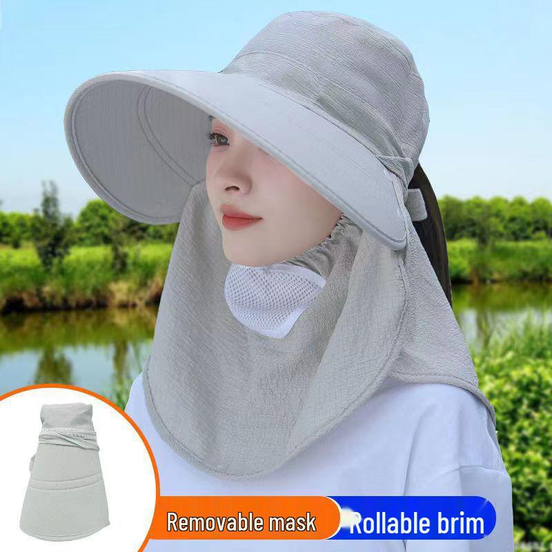 Women's Summer Wide Brim UV Protection Hat with Neck Shawl and Ponytail Tie