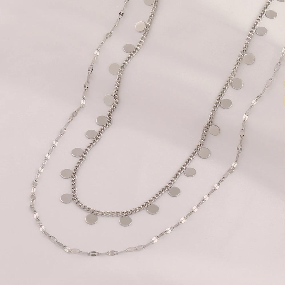 316L Stainless Steel Double Layered Round Coin Pendant Necklace For Women Fashion Simple Lip Chain Necklaces Female Jewelry Gift