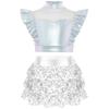 Girls Jazz Dance Outfit Mock Neck Rhinestone Adorned Mesh Patchwork Sleeveless Metallic Ruffle Crop Top