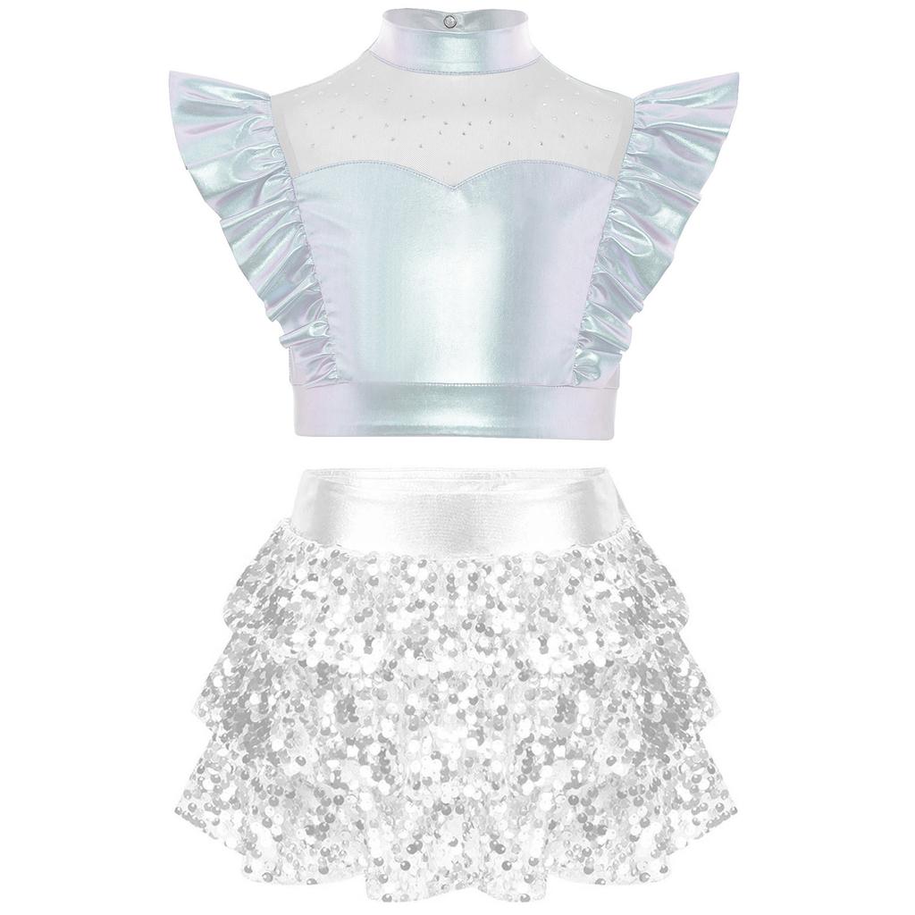 Girls Jazz Dance Outfit Mock Neck Rhinestone Adorned Mesh Patchwork Sleeveless Metallic Ruffle Crop Top