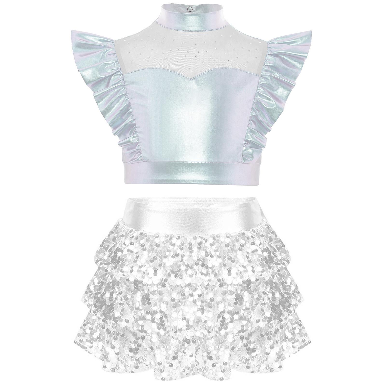 

Girls Jazz Performance Wear Mock Neck Rhinestone Mesh Sleeveless Crop Top Metallic Ruffle Culottes Set 5-6 Years серебряный