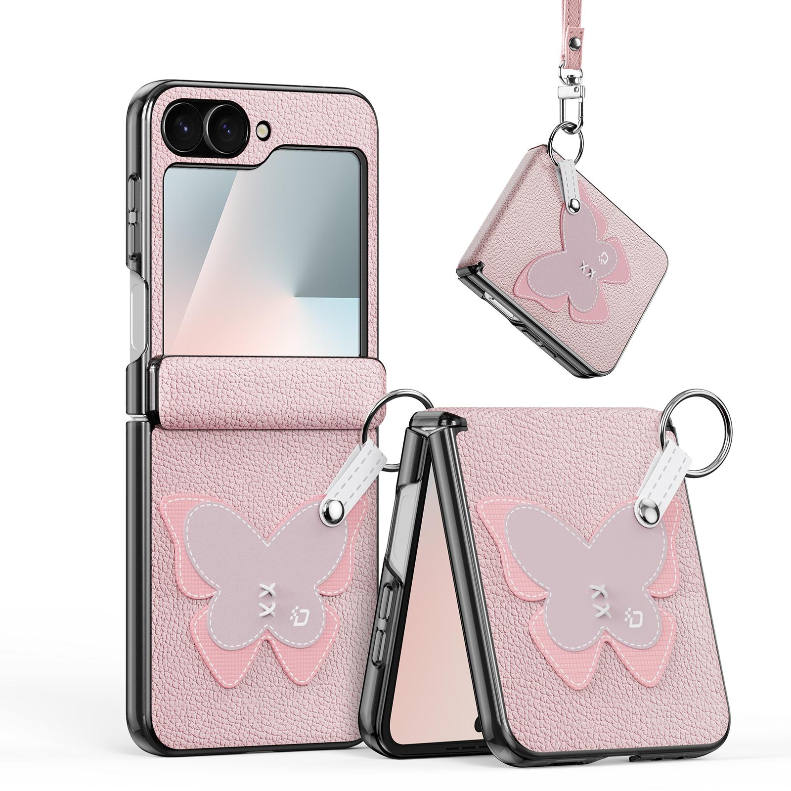 

For Samsung Galaxy Z Flip6 5G/Galaxy Z Flip7 FE 5G Case DUX DUCIS Luvy Series PU Leather+PC Phone Case with Ring Holder/Strap Pink-Butterfly