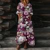Luźna Sukienka Kaftan z Dekoltem V i Kwiatowym Wzorem z Kieszeniami Długi Rękaw Codzienna Sukienka Maxi dla Kobiet Wygodny Design