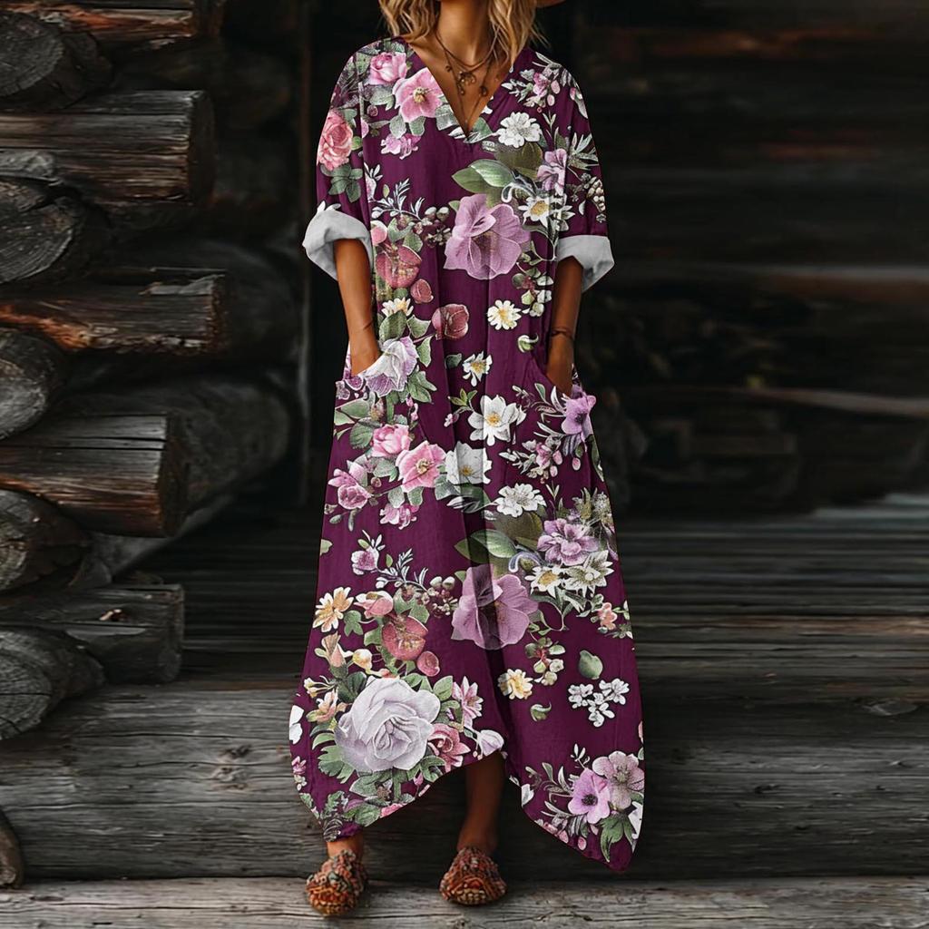 Luźna Sukienka Kaftan z Dekoltem V i Kwiatowym Wzorem z Kieszeniami Długi Rękaw Codzienna Sukienka Maxi dla Kobiet Wygodny Design