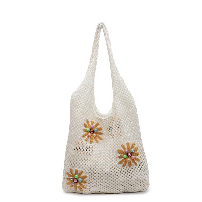 New Casual Vacation Tote Bag Flower Bag Knitted Bag Mesh Hollow Shoulder Bag Women's Tide