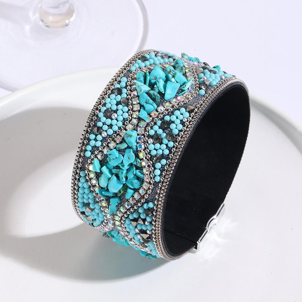Cross-Border Bohemian Gemstone & Crushed Stone Bead Leather Bracelet for Women with Stainless Steel Magnetic Clasp