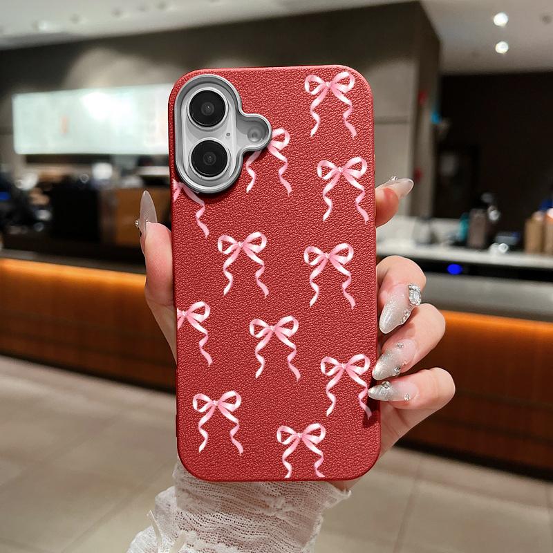 Bowknot Pattern TPU Leather Texture Case For iPhone 16 15 Pro Max 14 Pro 13 12 11 Slim Matte Shockproof Soft Phone Cover