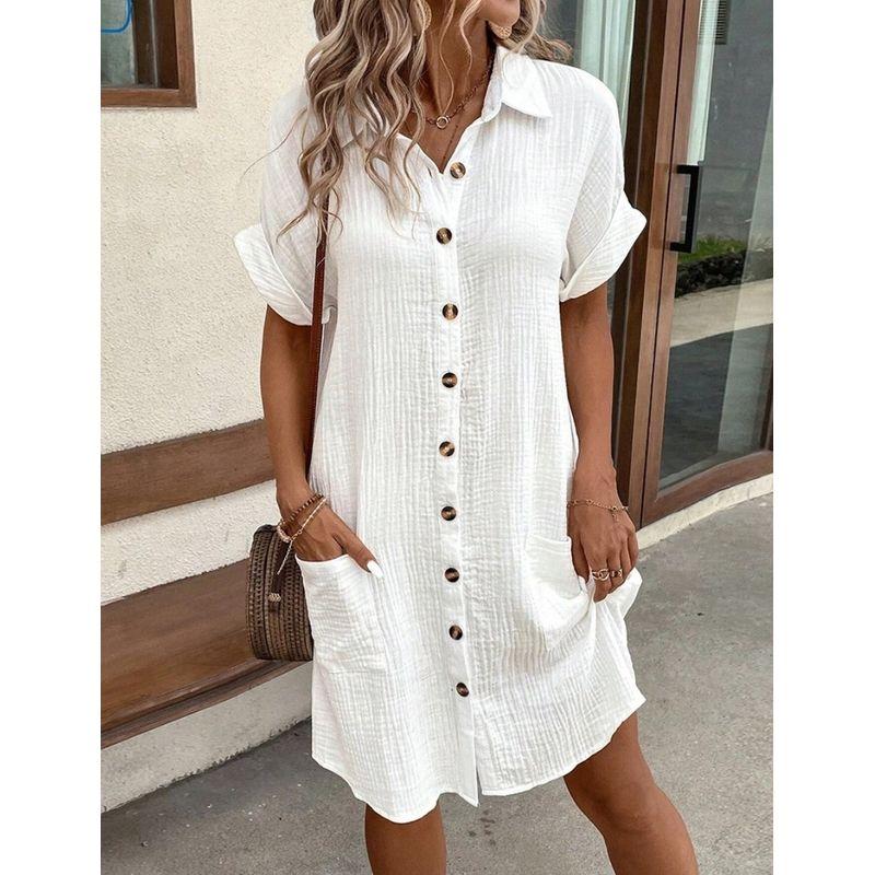 Western Style Fashion Casual Loose Short Sleeve Dress Single Breasted Short Dress Single Brewed Dress