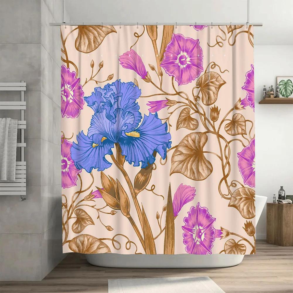 Vibrant Floral Shower Curtain Pink Purple Blue Gold Leaves Decorative Bathtub Waterproof Bath Rug Decoration for Home Bathroom S