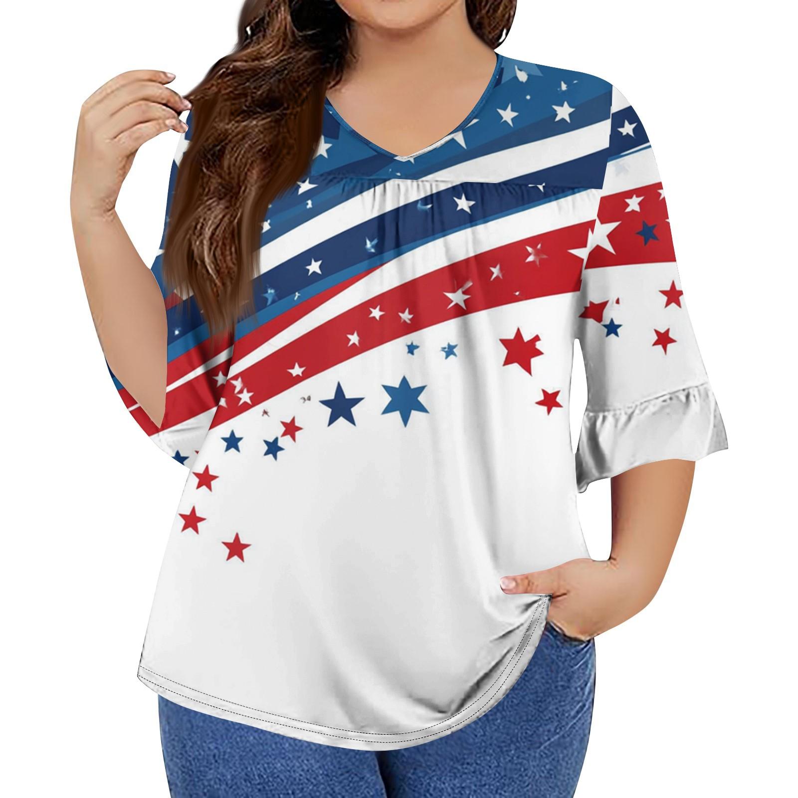 

Женская мода повседневная футболка с V-образным вырезом, рукавами-семью, оборками, принтом «День независимости», топы, женские топы больших размеров XL