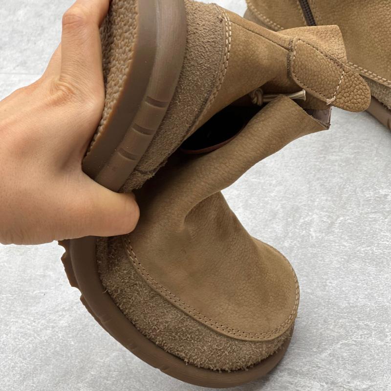 Retro Women Flat Short Boots Genuine Leather Shoes Handmade Round Toe Solid Color Ankle Boots