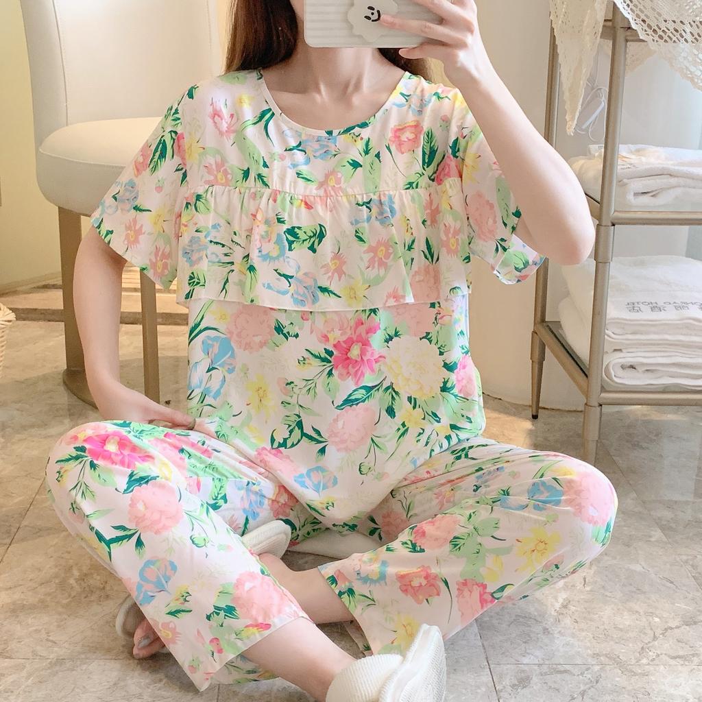 New cotton and silk pajamas women's summer thin short-sleeved cartoon printing set Korean version of large size casual and comfortable loungewear