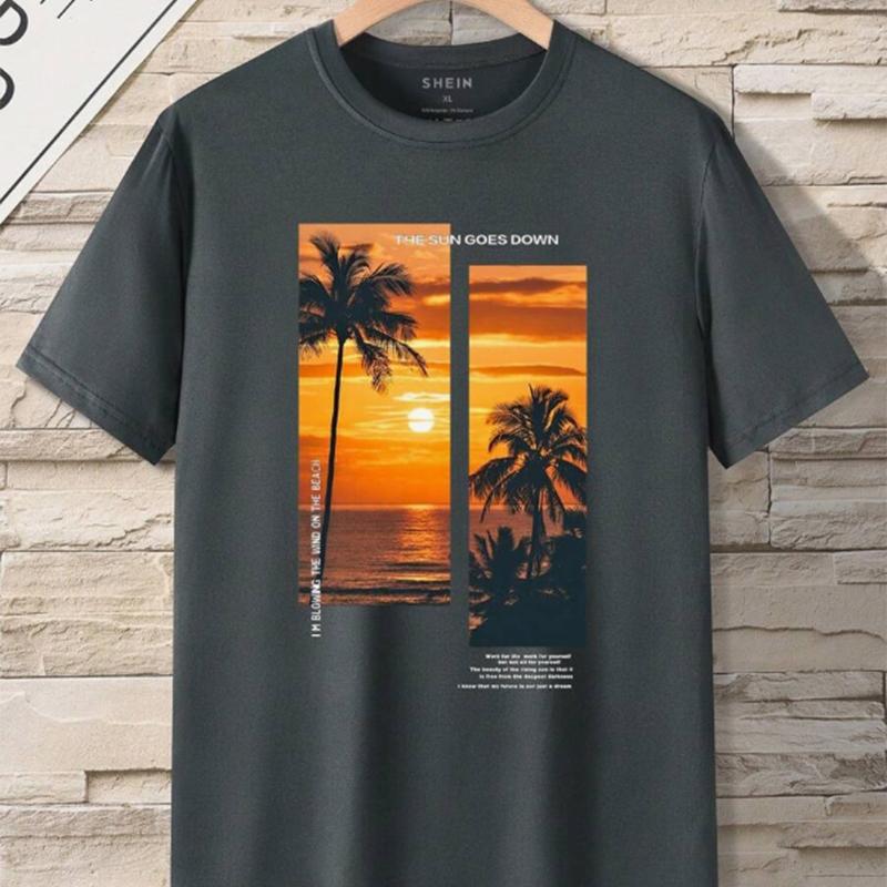 New Summer Men's Fashion T-shirt Sunset Coconut Tree Printed Men's T-shirt Top