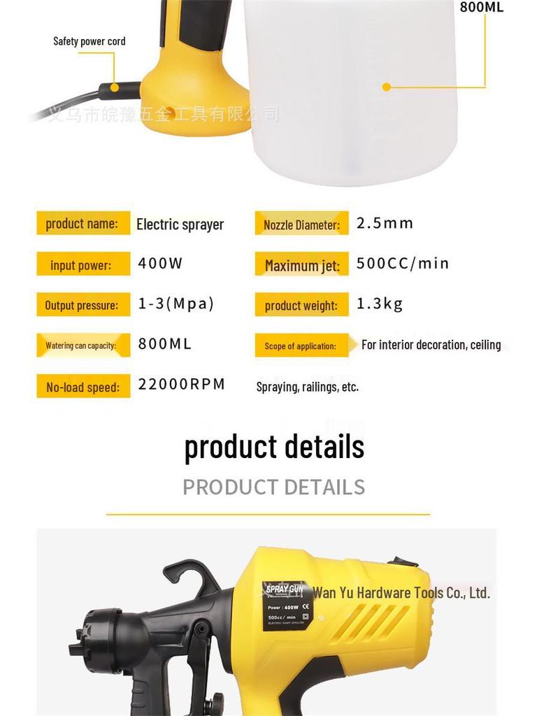 400W Portable Electric Paint Spray Gun – High-Pressure for Latex, European & US Compatible