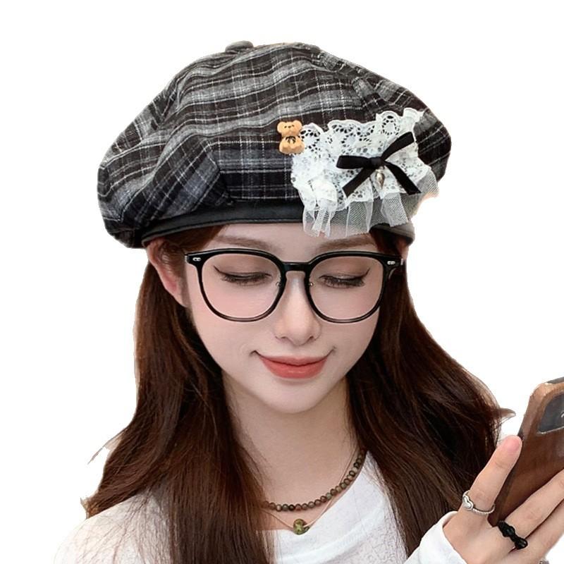 Hat Women's Autumn and Winter Retro Plaid Beret British Atmosphere Versatile Painter Hat Sweet Bow Octagonal Hat