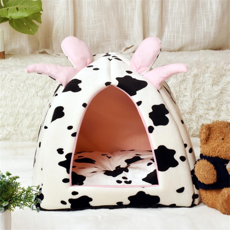 Pet Tent Cave Bed for Cats Small Dogs Self-Warming Cow print Cat Tent Bed Cat Hut Comfortable Pet Sleeping Bed