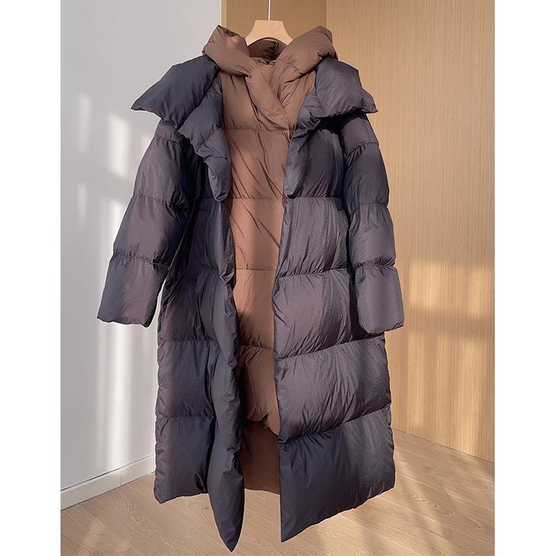 Contrasting color fake two-piece down jacket medium and long hooded warm white duck down jacket medium and long women's clothing winter