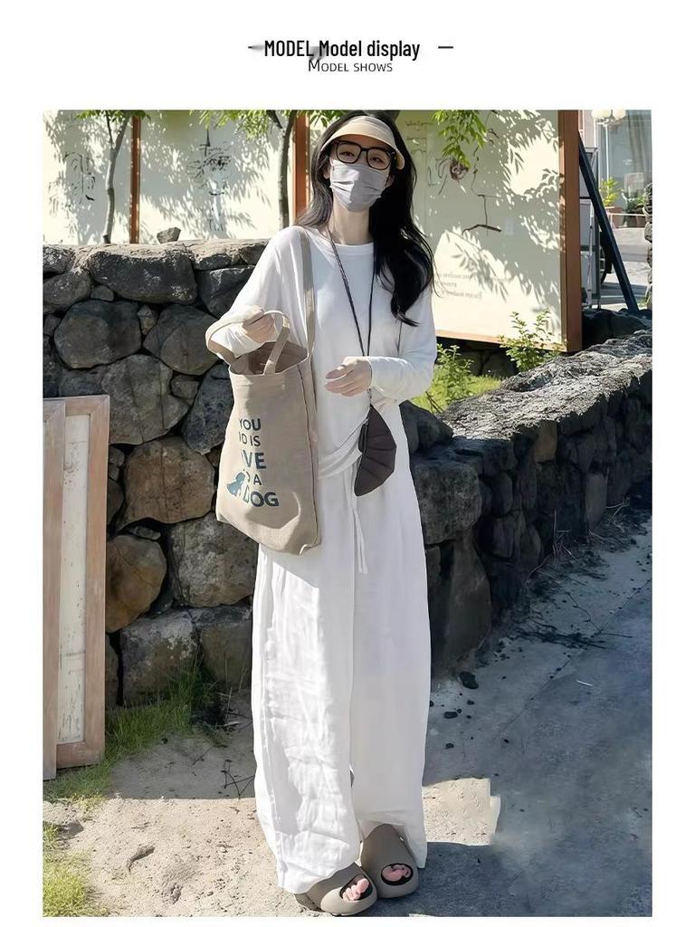 Women's White Cotton Linen Wide-Leg Pants - Slimming, Lightweight, Ice Silk, Casual Spring/Summer 2026