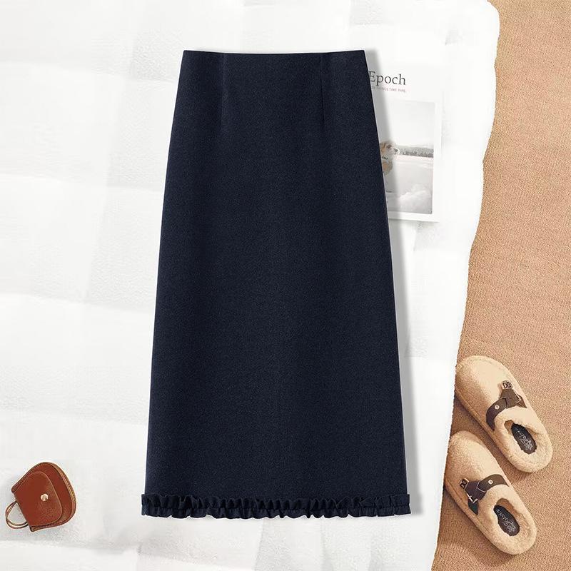 

Women s Plus Size High Waist A-Line Woolen Skirt with Lace Detail - Autumn/Winter 3XL темно-синього кольору