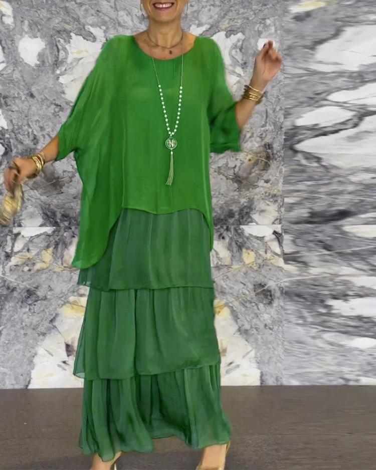 Elegant Chiffon Fashion Trendy Mesh Bat Sleeve Maxi Long Dress