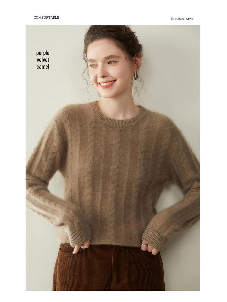Maglione da donna in cashmere a girocollo: Lavorazione a treccia spessa, Morbido cashmere di capra, Ideale per Autunno/Inverno.