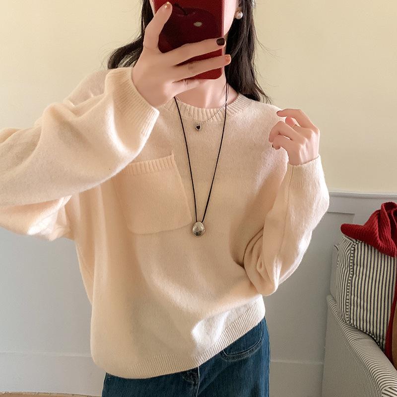 Liu Wen-inspired Women's Casual Loose Wool Sweater Pullover with Pockets - High-End Knitwear for 2025
