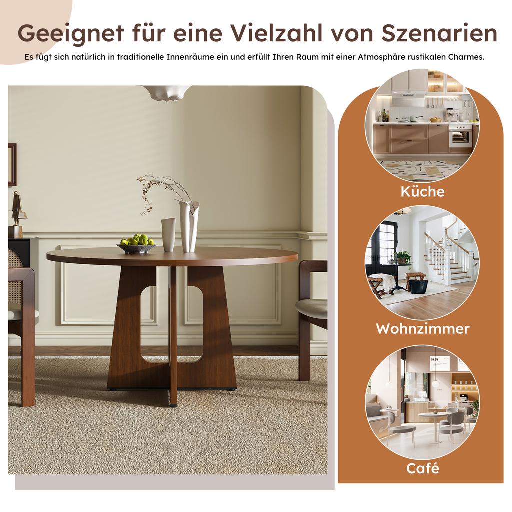 Modular Round Dining Table, 120 Cm Diameter, 76 Cm Height, MDF with Walnut Veneer, Space for 4 People – for Dining Room, Kitchen and Living Room