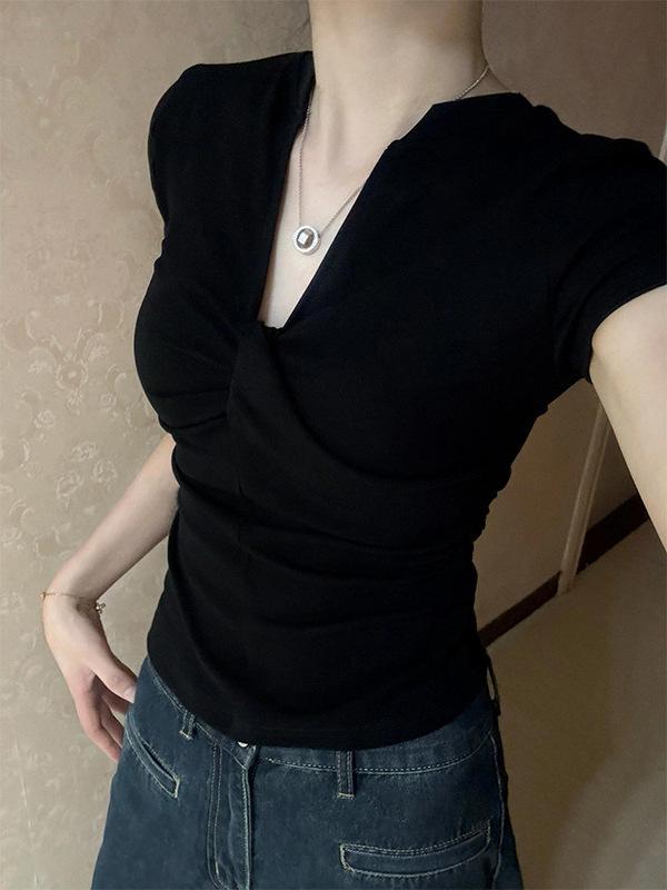 Women's French Retro Black Off-Shoulder Short-Sleeve V-Neck Slimming Bodycon Summer Tee